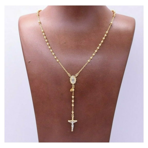 3mm Cross Rosary Crucifix Unisex Adult Chain Necklace 10K Yellow Gold, All Sizes – Goldum NYC
