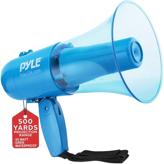 Pyle 30W Rechargeable Megaphone Bullhorn Speaker – Portable Lightweight PA with Siren & Music Mode, 500 Yard Projection Range for Indoor & Outdoor Use (Transparent Blue)