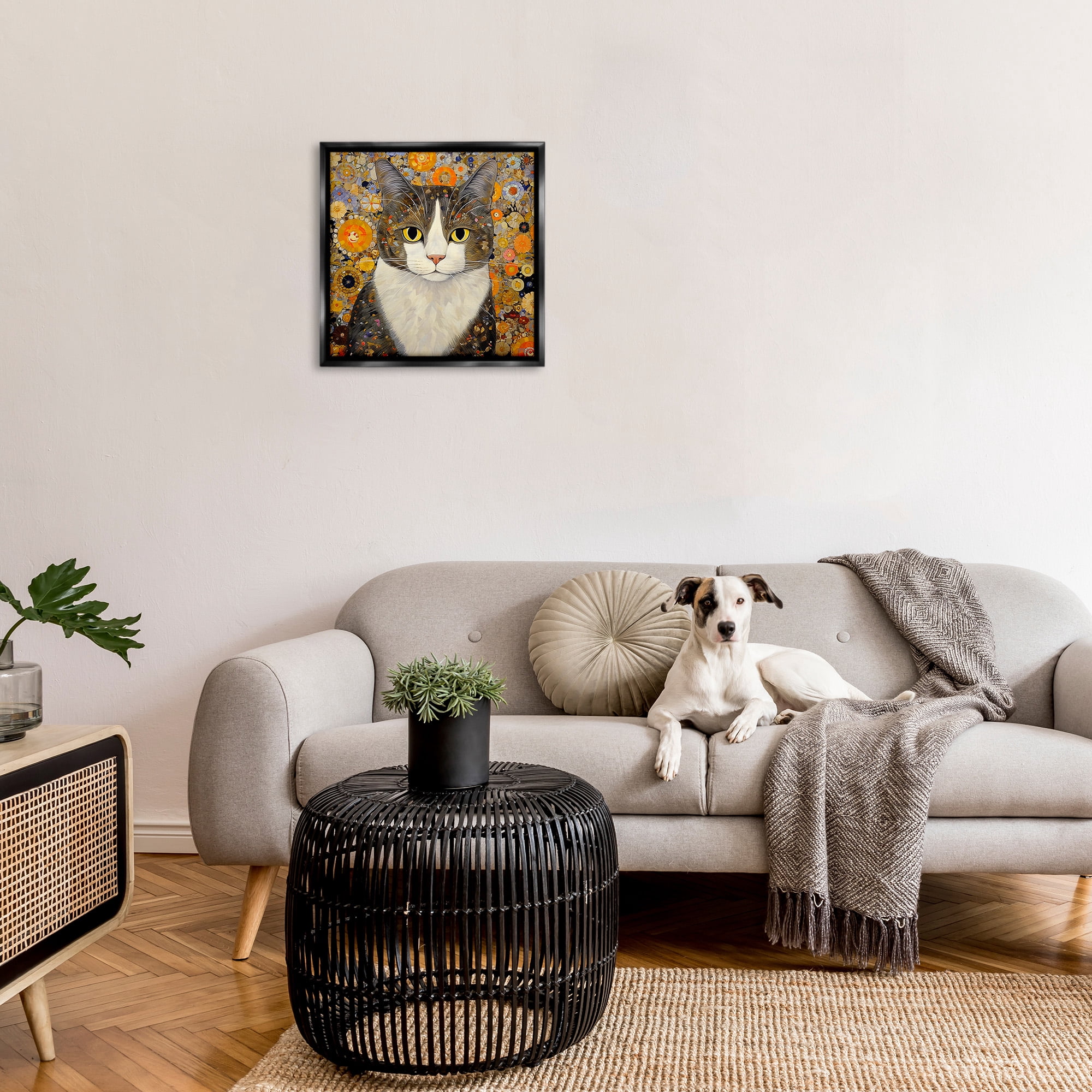 Stupell Industries Mosaic Pattered Cat Animals & Insects Painting Black Floater Framed Canvas Art Print Wall Art, 25 x 25