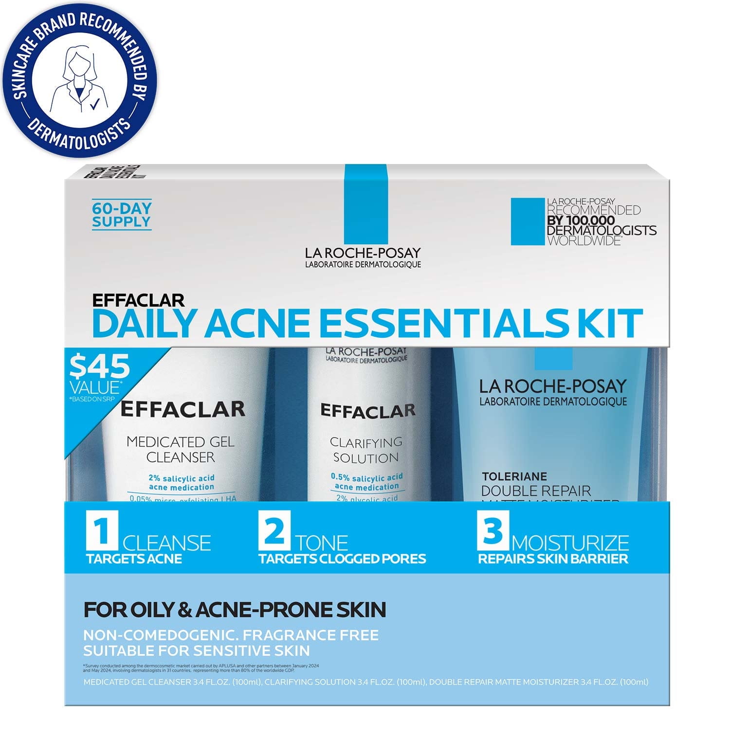 La Roche-Posay Effaclar Acne Daily Essentials Kit with Salicylic Acid Face Wash, Toner and Moisturizer