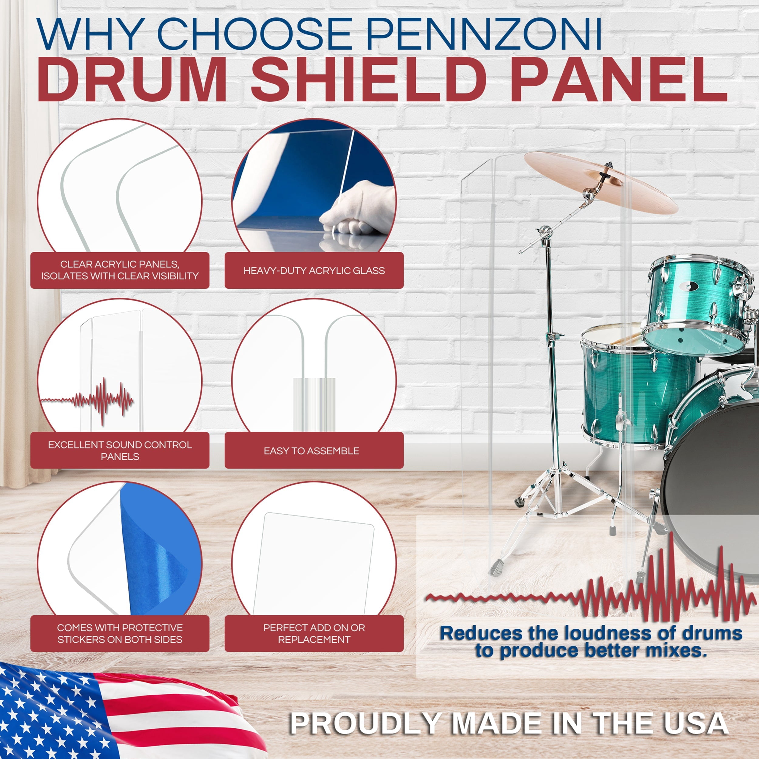 PENNZONI Sinlge Panel Acrylic Drum Shield w/ Deflectors & Chrome Hinges, 5.5ft Drum Screen