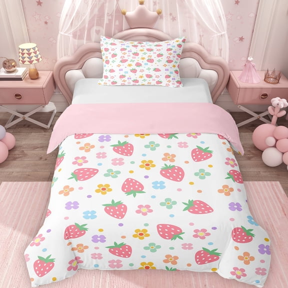 Erosebridal Pink Strawberry Twin Bedding for Girls, Colorful Flower Floral Duvet Cover Set, Pink Reversible 2 Pieces, 1 Duvet Cover and 1 Pillowcase, No Comforter