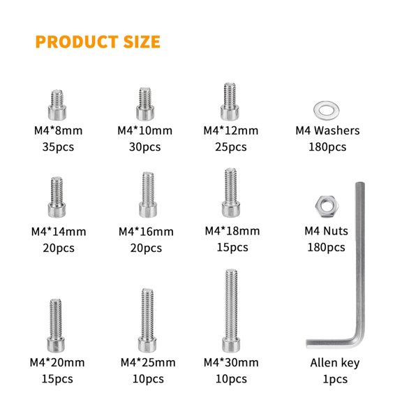 GHRTGR-540 Pcs M4 Screws and Nuts Set, Hex Socket Head Cap Screws Bolts and Nuts and Washers Assortment Kit, Stainless Steel Bolts and Nuts Kit, Fully Threaded Metric Machine Screw Assortment Kit
