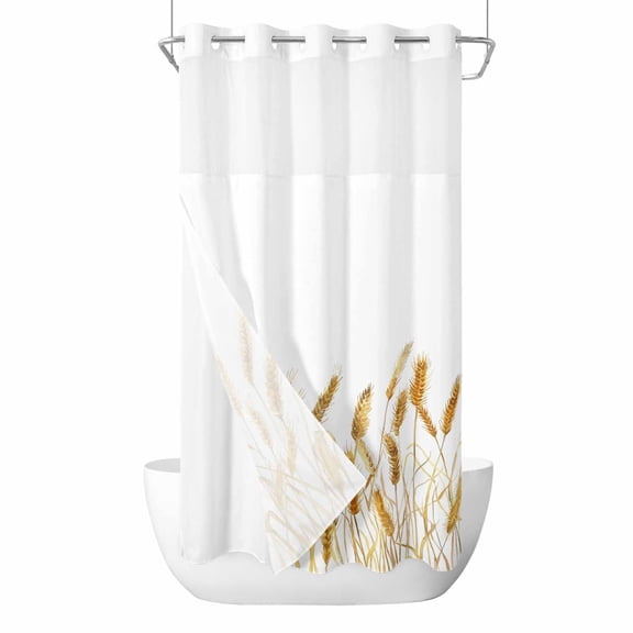 Fall Wheat No Hook Shower Curtain Waterproof, Bathroom Curtains with Snap in Liners and See Through Top Window, Autum Botanical Farmhouse Yellow Orange Hotel Style Bathtub Curtains Shower 36"Wx72"L