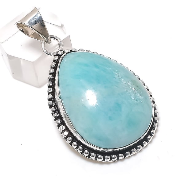 Natural Larimar Gemstone Handmade 925 Sterling Silver Jewelry Pendant 2.05"