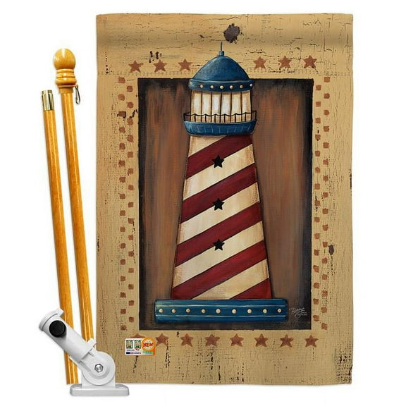 Breeze Decor BD-NA-HS-107056-IP-BO-D-US18-SB 28 x 40 in. Patriotic Lighthouse Coastal Nautical Impressions Decorative Vertical Double Sided House Flag Set & Pole Bracket Hardware