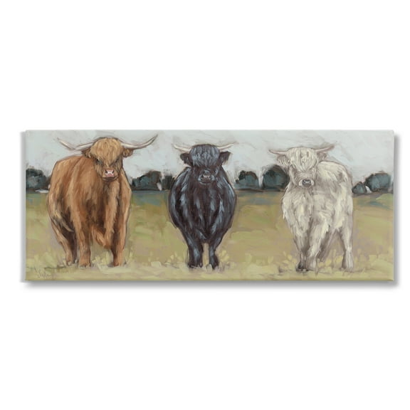 Stupell Industries Cattle Trio in Pasture Animals & Insects Painting Gallery Wrapped Canvas Art Print Wall Art, 24 x 10