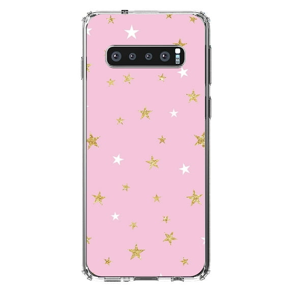DistinctInk Clear Shockproof Hybrid Case for Samsung Galaxy S10 (6.1" Screen) - TPU Bumper, Acrylic Back, Tempered Glass Screen Protector - Pink & Gold Print - Stars Pattern