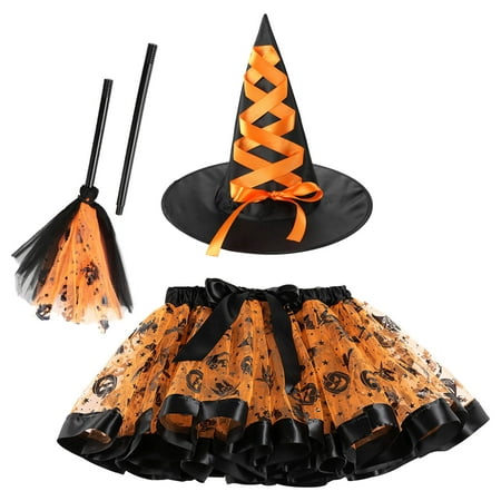 

Toddler Girls Skirts Mesh Tutu Skirt Witch Hat Prop Stick 3pcs Set Hallowmas Performance