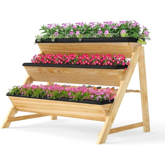 3-Tier Wooden Raised Garden Bed, Elevated Planter Box Kit with Legs & Liners for Flower Herb Vegetable, Indoor Outdoor Vertical Raised Bed for Gardening Patio Balcony Greenhouse