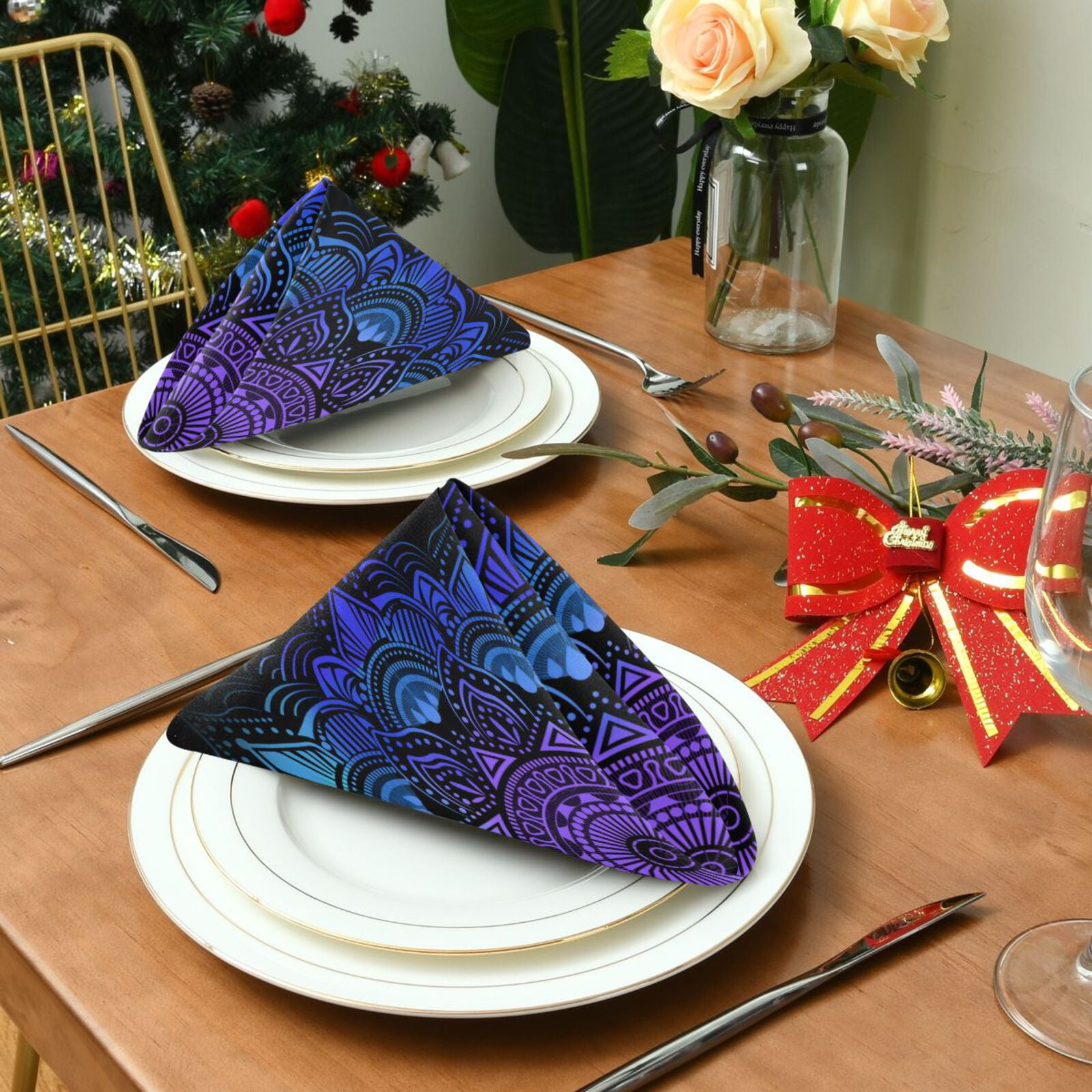 JSTEL Mandala Boho Bohemian Lotus Cloth Napkins Set of 6, 20x20 Inch Washable and Reusable Napkin for Decoupage Dinner Party Everyday Use