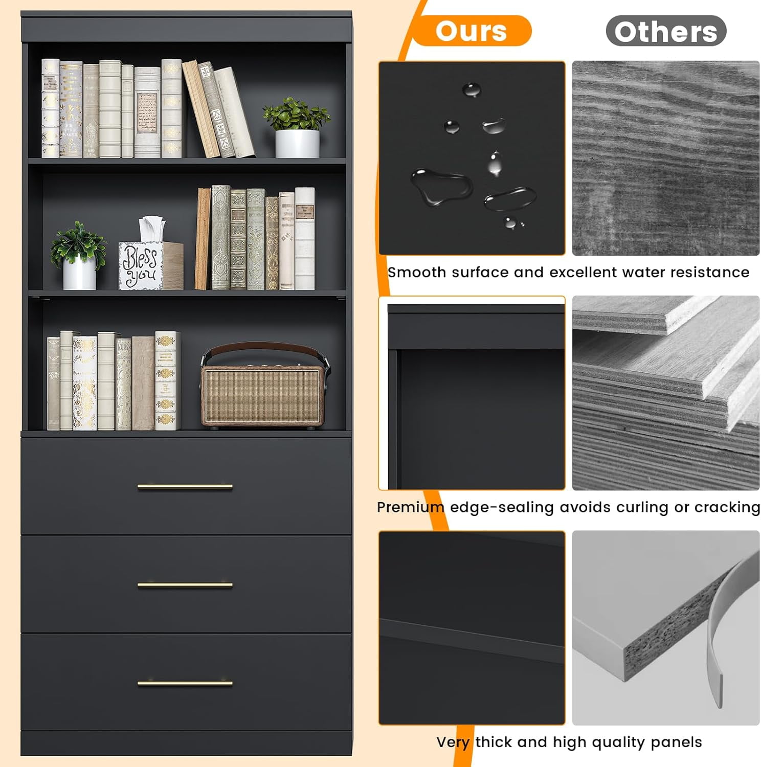Frmobepts 71" Tall Bookcases with 3 Large Drawers & 3 Shelves, Wooden Bookshelf for Living Room Office, Black
