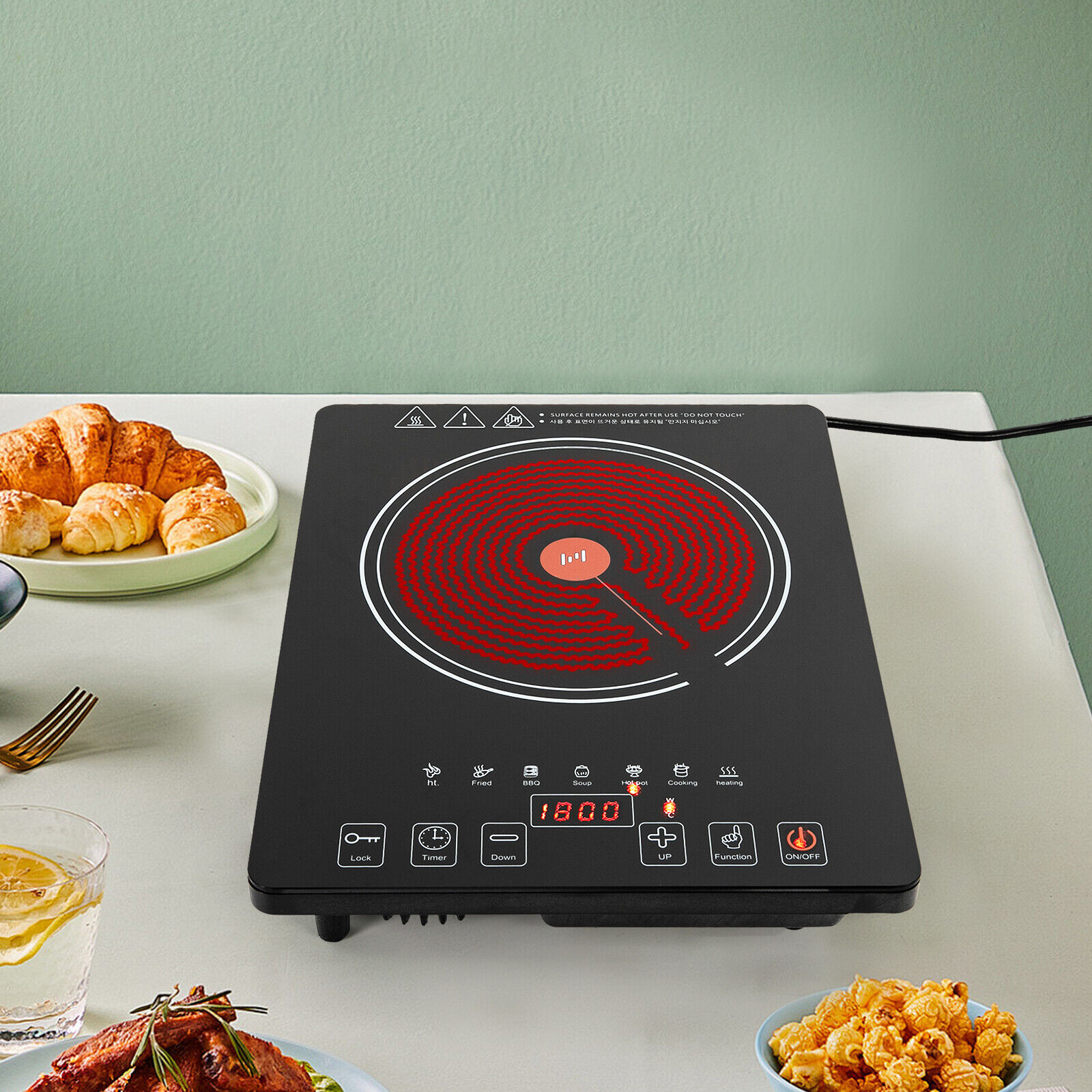 Electric Cooktop One Burner Portable Electric Stove Top Touch Screen 110V 1800W