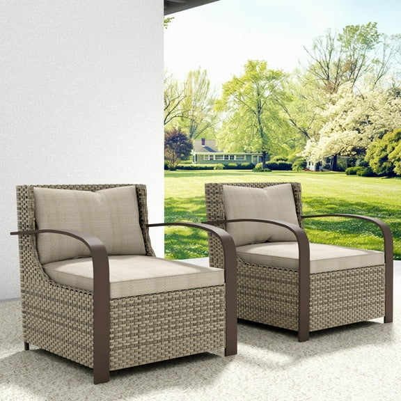 GAZEBETER 2Pcs Wicker Patio Chairs,Modern All Weather Outdoor Ratten Chairs with Seat Cushions and Thicking Back,Beige