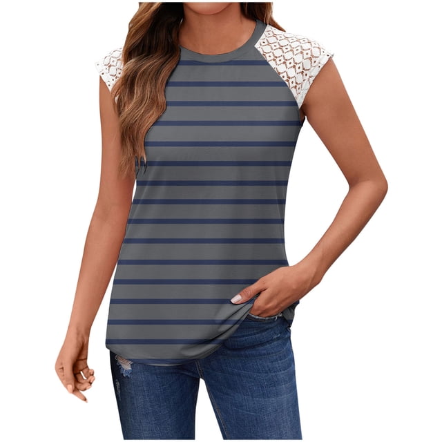 fatyb Débardeurs Rayés Femmes Dentelle Sans Manches T-Shirts Col Rond Tunique Décontractée Blouses d'Été Amples