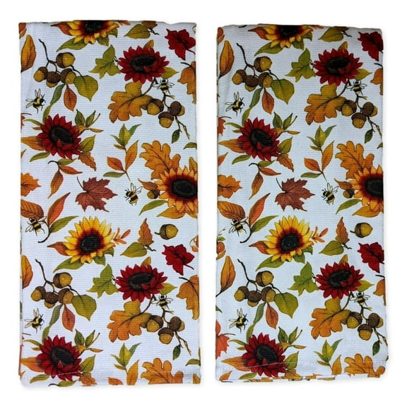 Set of 2 Autumn HARVEST SUNFLOWER TOSS Terry Kitchen Towels by Kay Dee Designs