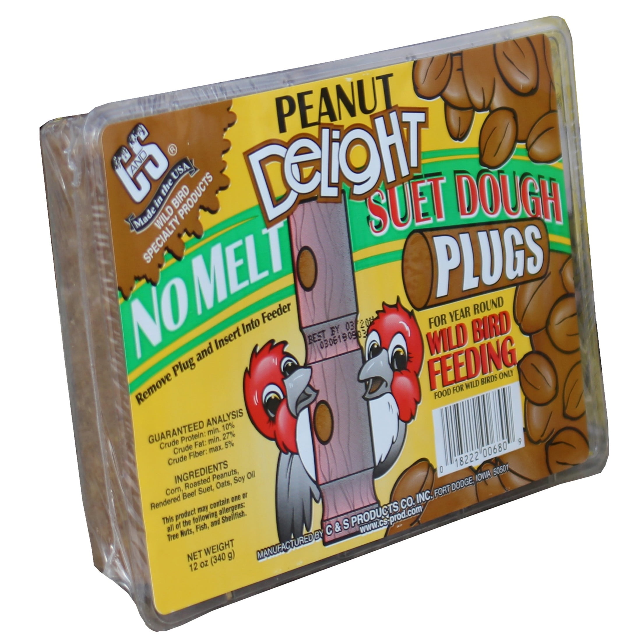 C & S Products Peanut Delight No-Melt Suet Dough Plugs, 12 oz, Wild Bird Food, Fresh, 1 Pack
