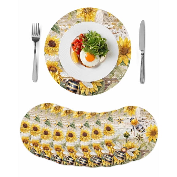Sunflower Round 13 Inch Placemats Set of 8, Vintage Summer Bee Botanical Farmhouse HeatResistant Non Slip Place Mats for Dining Table, Wipeable Braided Kitchen Table Mats for Housewarming
