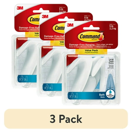 (3 pack) Command Large Towel Hooks Value Pack, Frosted, 3 Wall Hooks, Holds 5 lbs, Bathroom Organization