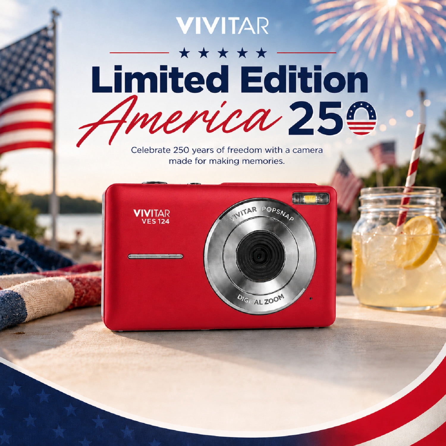 Vivitar PopCam America 250 Digital Camera – USA Celebration Edition, Old Glory Red 48MP Camera with Full HD 1080P Video, 3" Flip Screen, 16X Zoom Compact Vlogging Camera with Built-in Mic