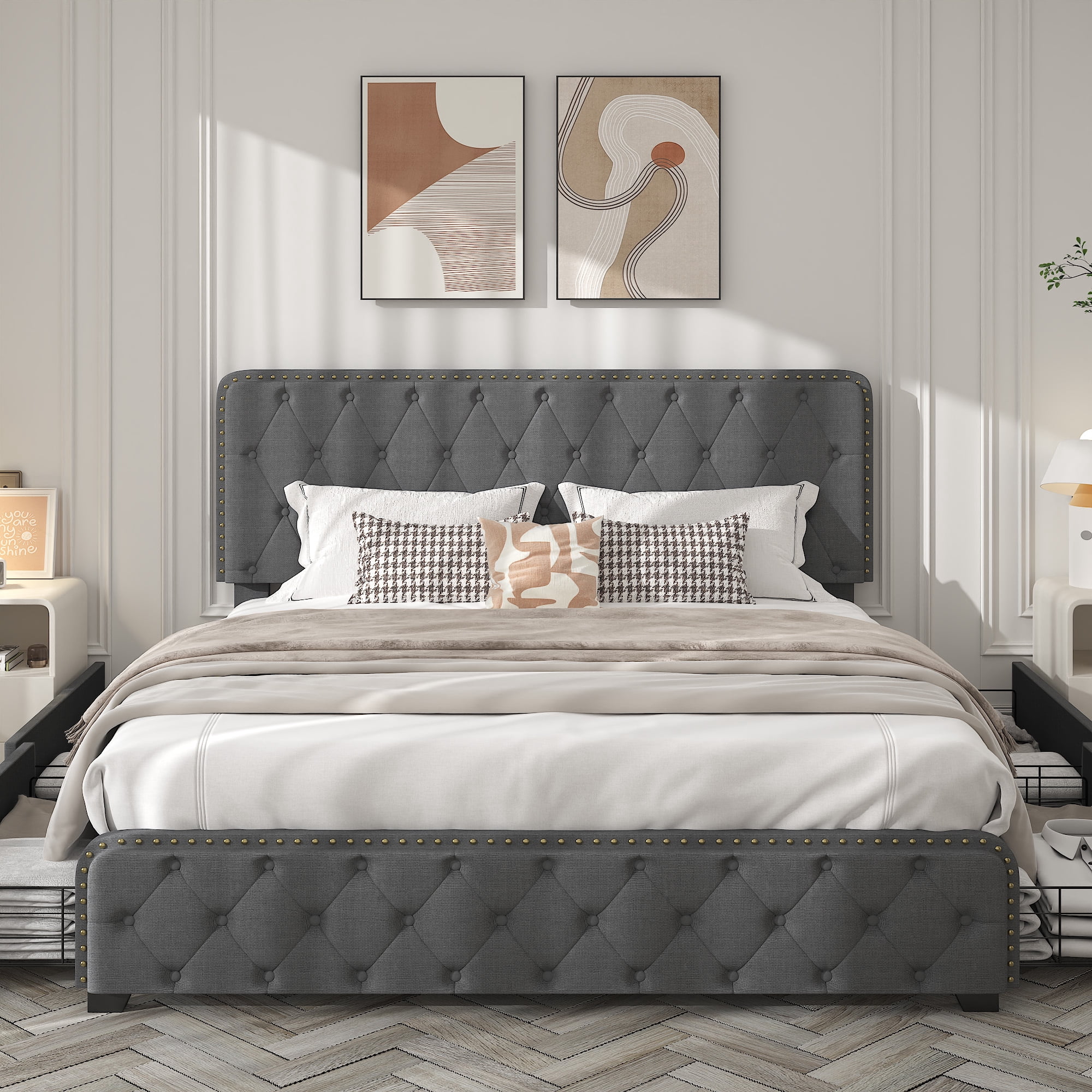 Lifezone Queen Size Platform Bed Frame with 4 Storage Drawers and Upholestered Headboard, Dark Grey