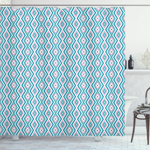 Geometric Shower Curtain, Continuous Pattern with Nested Rhombuses Sweet Lines, Fabric Bathroom Set with Hooks, 69"W X 75"L Long, Dark Seafoam Baby Pink Sea Blue White, by Ambesonne