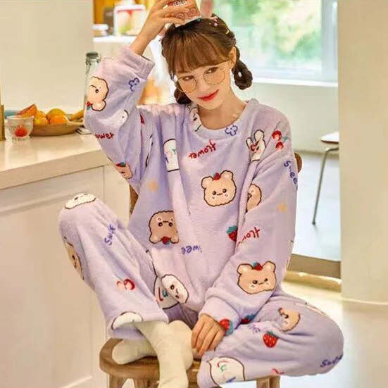 Conjunto de pijama de dibujos animados para mujer, ropa de dormir con Tops de manga larga y pantalones, traje de 2 piezas grueso para mantener el calor, otoño e invierno, 2022