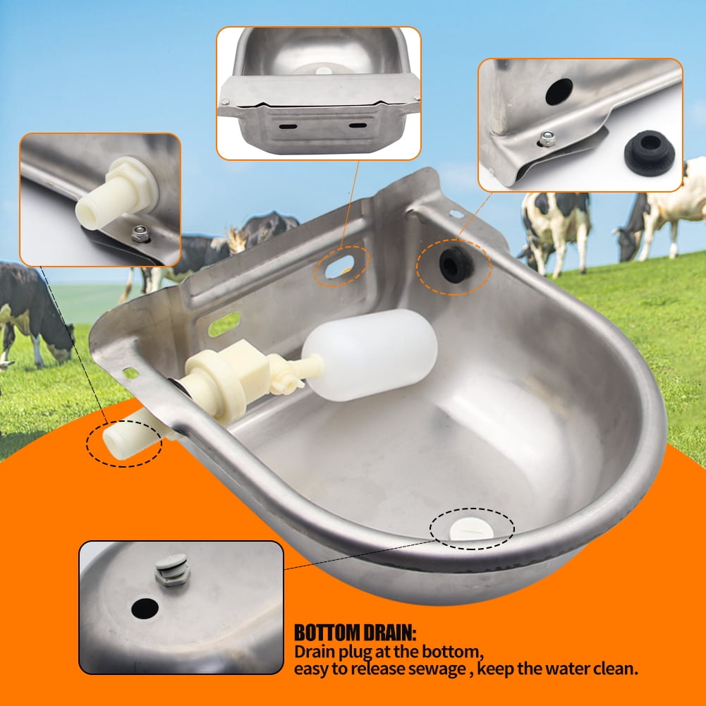 Automatic Animal Drinking Water Bowl with Float Valve,304 Stainless Steel Livestock Dispenser Waterer with Drainage Hole,Includes Water Bowl,3/4''Water Hose,2 Float Valves and Mounting Bolts