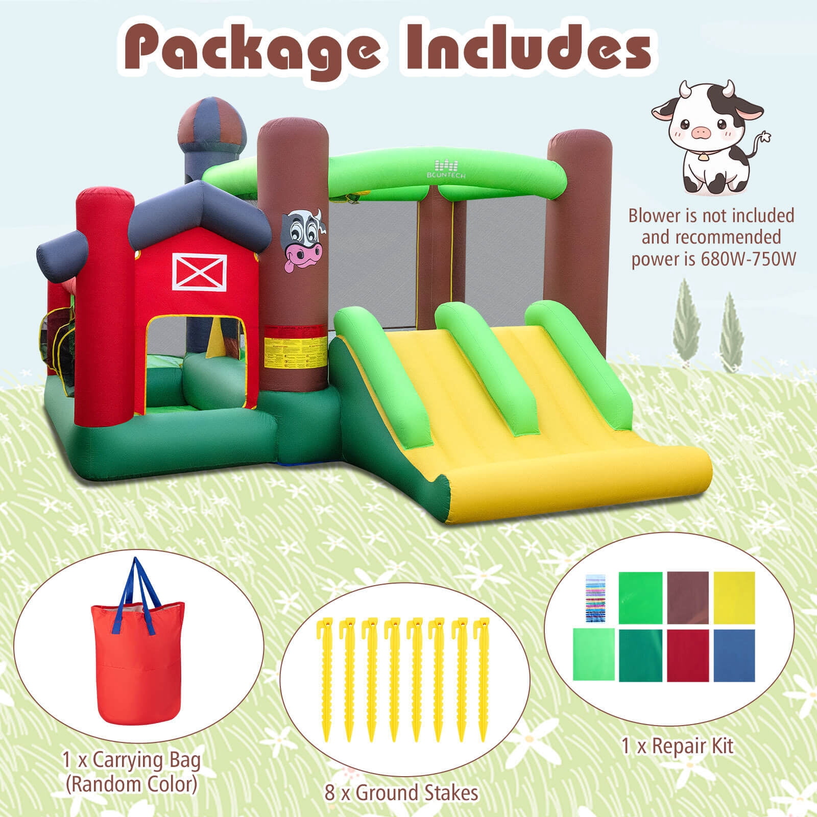 Costway Farm Themed Inflatable Castle Kids Bounce House w/ Double Slides Blower Excluded