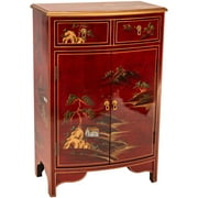 Oriental Furniture Red Lacquer Half-Round Cabinet - Landscape