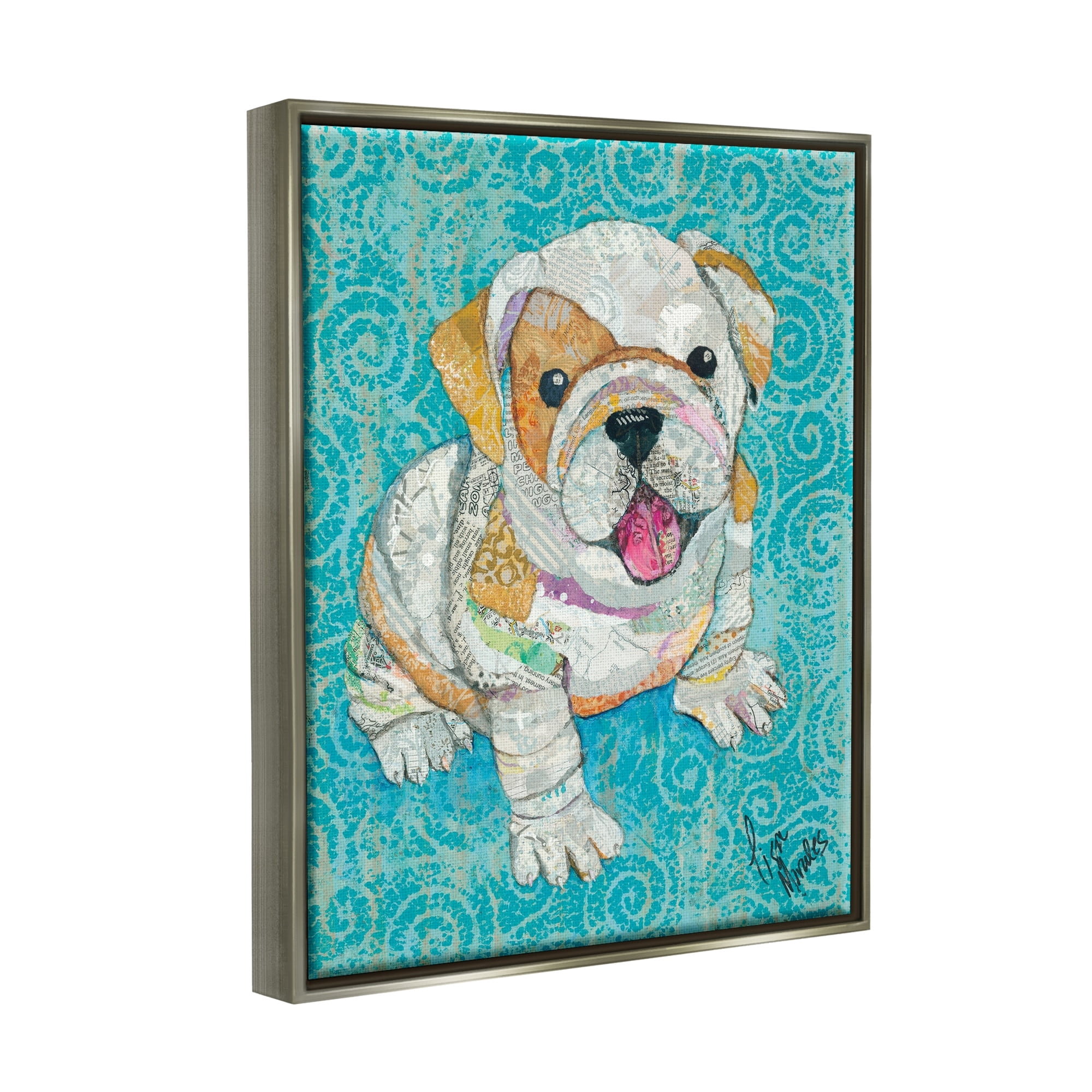 Stupell Industries Puppy Dog Swirl Pattern Mixed Ephemera Collage Painting Luster Gray Floating Framed Canvas Print Wall Art, Design by Lisa Morales
