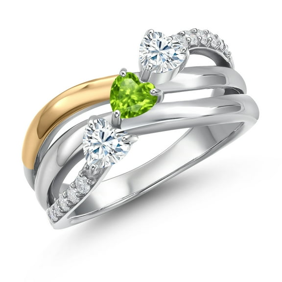 Gem Stone King 925 Silver and 10K Yellow Gold White Moissanite and Green Peridot and Lab Grown Diamond Engagement Ring for Women | 0.85 Cttw | Heart Shape Gemstone Birthstone | Size 9