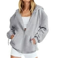 thumbnail image 3 of VISALY Womens Zip Up Hoodies Sweater Jacket Womens Oversized Zip Up Baggy Loose Zipper Sweatshirt Coat with Double Pockets Jacket Casual Sweaters Tunic Sweater Long Sleeve Sweaters Grey L, 3 of 8