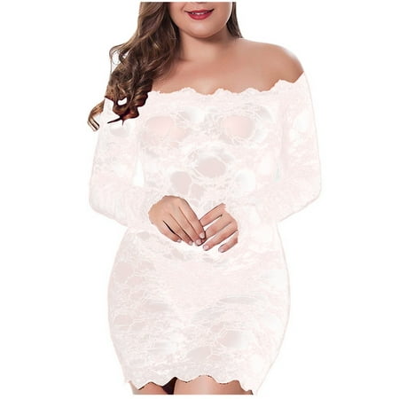 

BIZIZA Sexy Lingerie Chemise for Women Lace Outfits Plus Size Babydoll See Through Nightdress White XXXL