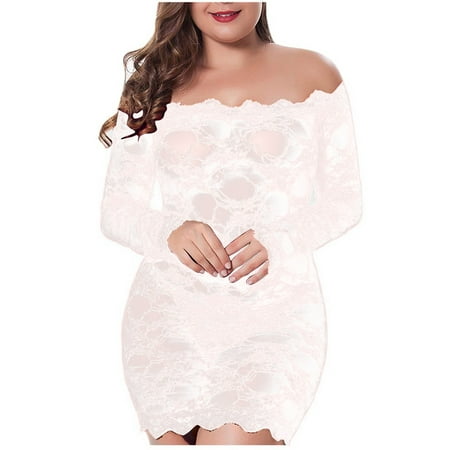 

BIZIZA Sexy Lingerie Chemise for Women Lace Outfits Plus Size Babydoll See Through Nightdress White XXXL