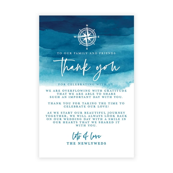 Koyal Wholesale Navy Blue Watercolor Nautical Wedding Thank You Place Setting Cards for Table Reception, 56-Pack