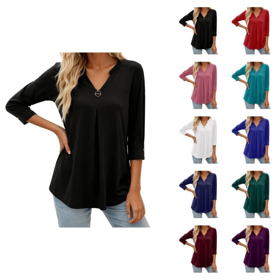 3/4 Length Sleeve Womens Tops Spring Summer Casual Relaxed Fit V Neck Plain T Shirt Blouse Dressy Casual Work Shirt