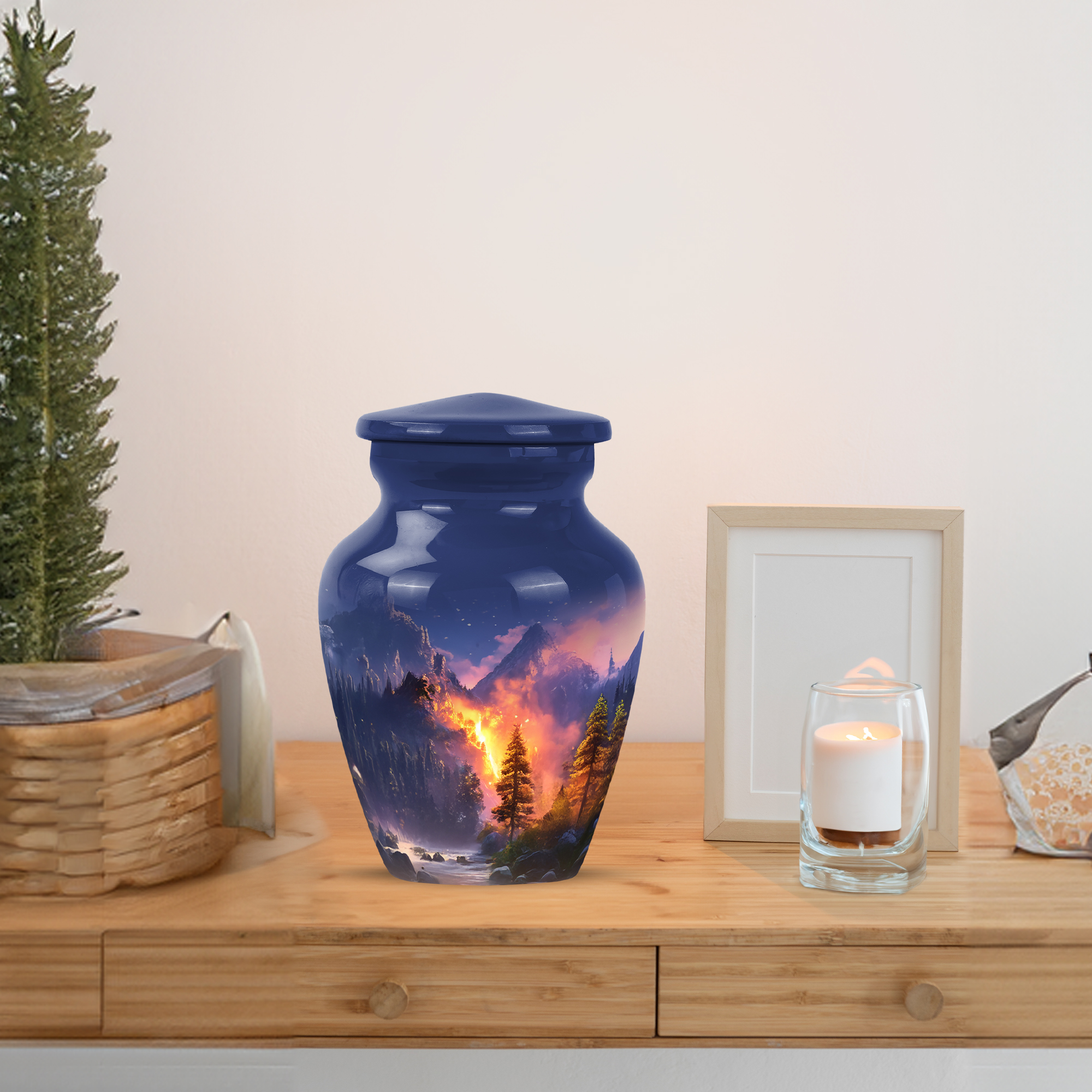 MUKTIVE Waterfall Keepsake Cremation Urns for Adult Ashes for Women, Mini Blue Mountain Burial Urn for Ashes for Women, Unique Urn, Tiny Fiery Forest Memorial Funeral Gift for Mom & Dad 3 Inch