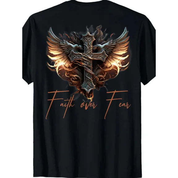 Men's Faith Over Fear Graphic T-Shirt with Angel Wings & Cross Design