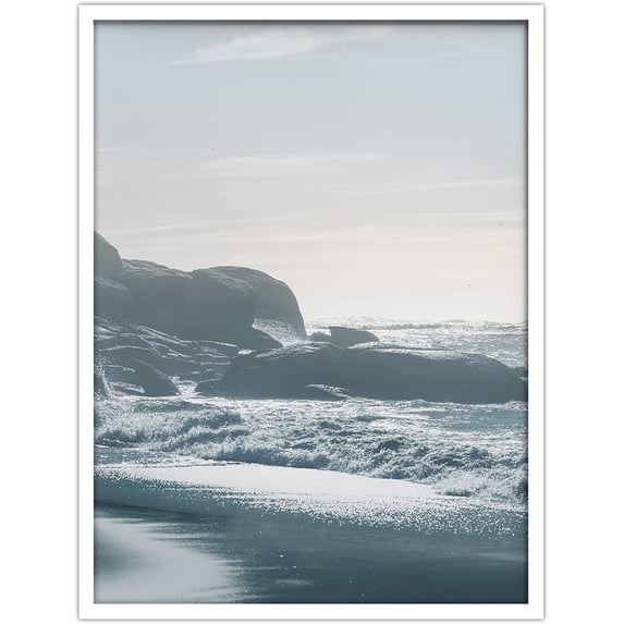 PixonSign Framed Wall Art Print Sea Waves Crashing on Rock Formations Nature Ocean Photography Realism Nautical Landscape Relax/Calm Blue Duotone for Living Room, Bedroom, Office - 12"x16" WHITE