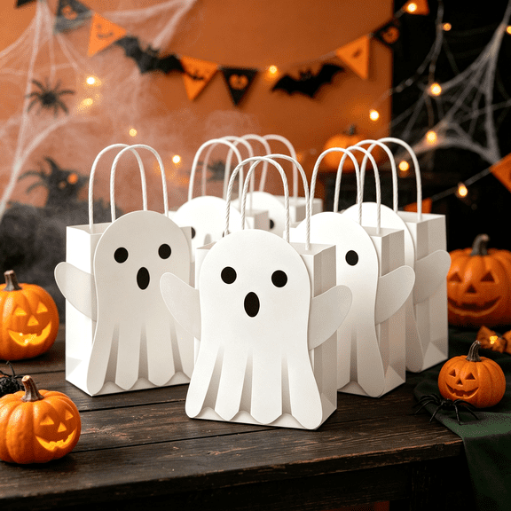 Halloween Party Favor Gift Bags – Cute White Ghost Design 6-Piece Set for Party Favors & Decorations