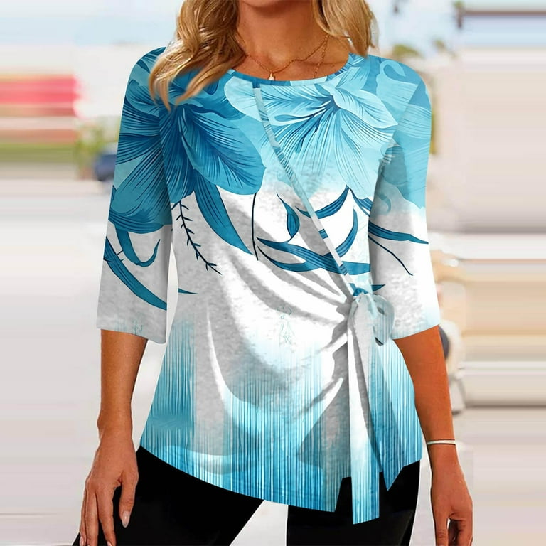Cyber Monday Deals Dyegold Womens Tops 3 4 Length Sleeves Boho Western Tops Vintage Floral Side Twist Knot Blouses Dressy Casual Fall Shirt Tee Walmart