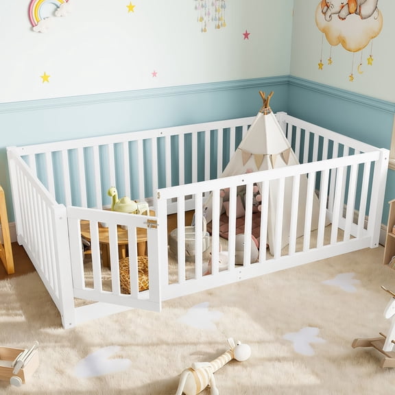 Bellemave Twin Size Floor Bed with Door and Fence, Montessori Floor Bed Twin, Wood Floor Bed with High Guardrails, White