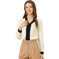 thumbnail image 1 of Blusa de Color de Contraste frontal plisado Allegra K para Mujer Beige L, 1 of 6