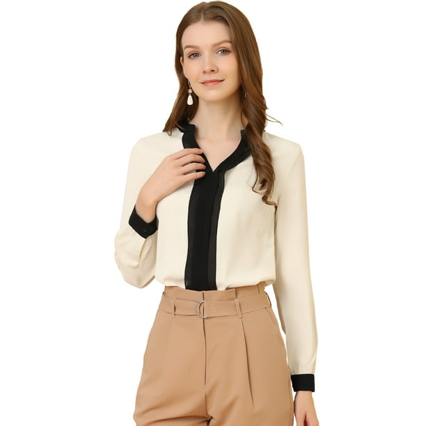 Blusa Allegra K Cuello Dividido Plisado Beige XL para Mujer