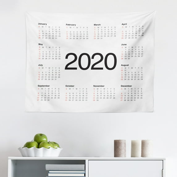 Calendar 2020 Tapestry, Modern Year Months Weeks and Days on Whirlpool Look Spiral Background, Fabric Wall Hanging Decor for Bedroom Living Room Dorm, 2 Sizes, Green and White, by Ambesonne