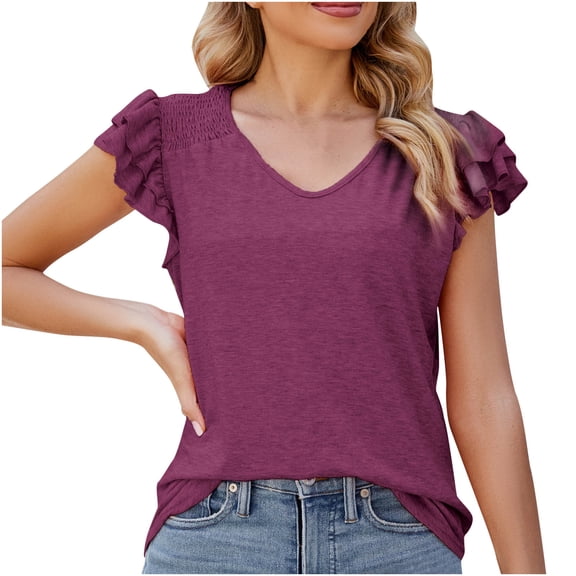 UAMVSH Ruffle Sleeve Tops for Women Fashion Cap Sleeve Shirts V Neck Blouses Casual Tunic T Shirts