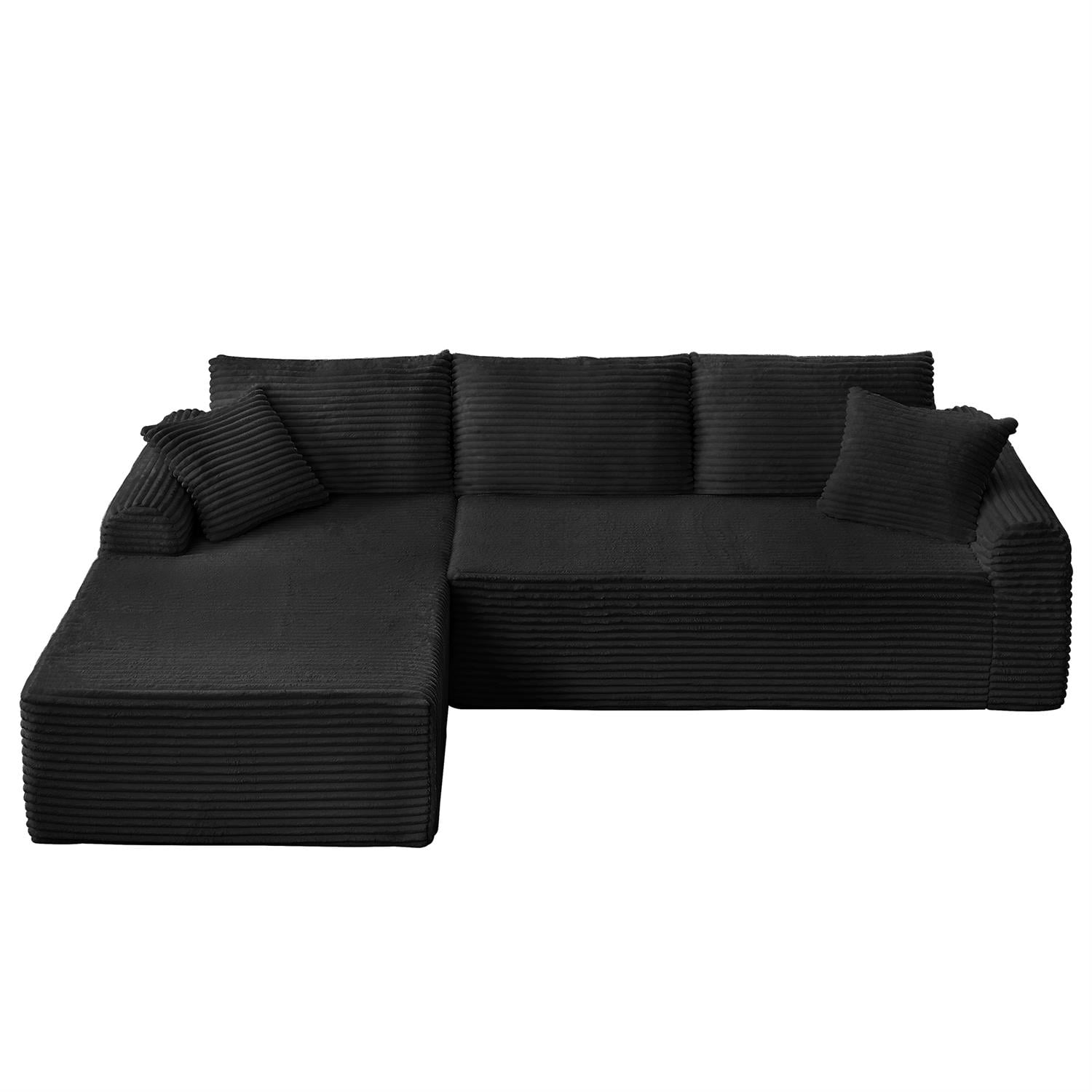 Demi Bonn 103" Cozy Corduroy Sectional Sofa with Arched Armrests, Non-Slip Base, 3 Back Cushions and 2 Throw Pillows, Full-Compression Chaise Lounge Couch Set, Black