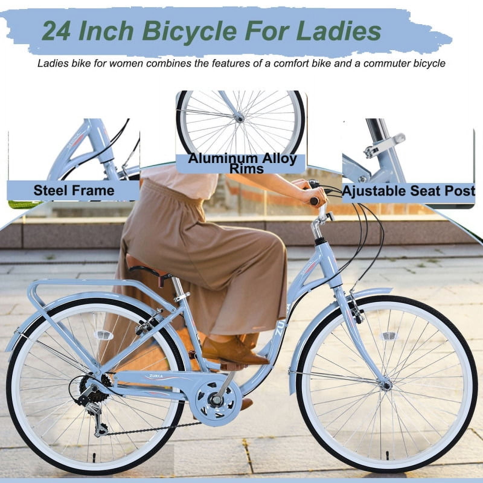 【Luckynote】7 Speed, Steel Frame, Multiple Colors 24 Inch Ladies Bicycle