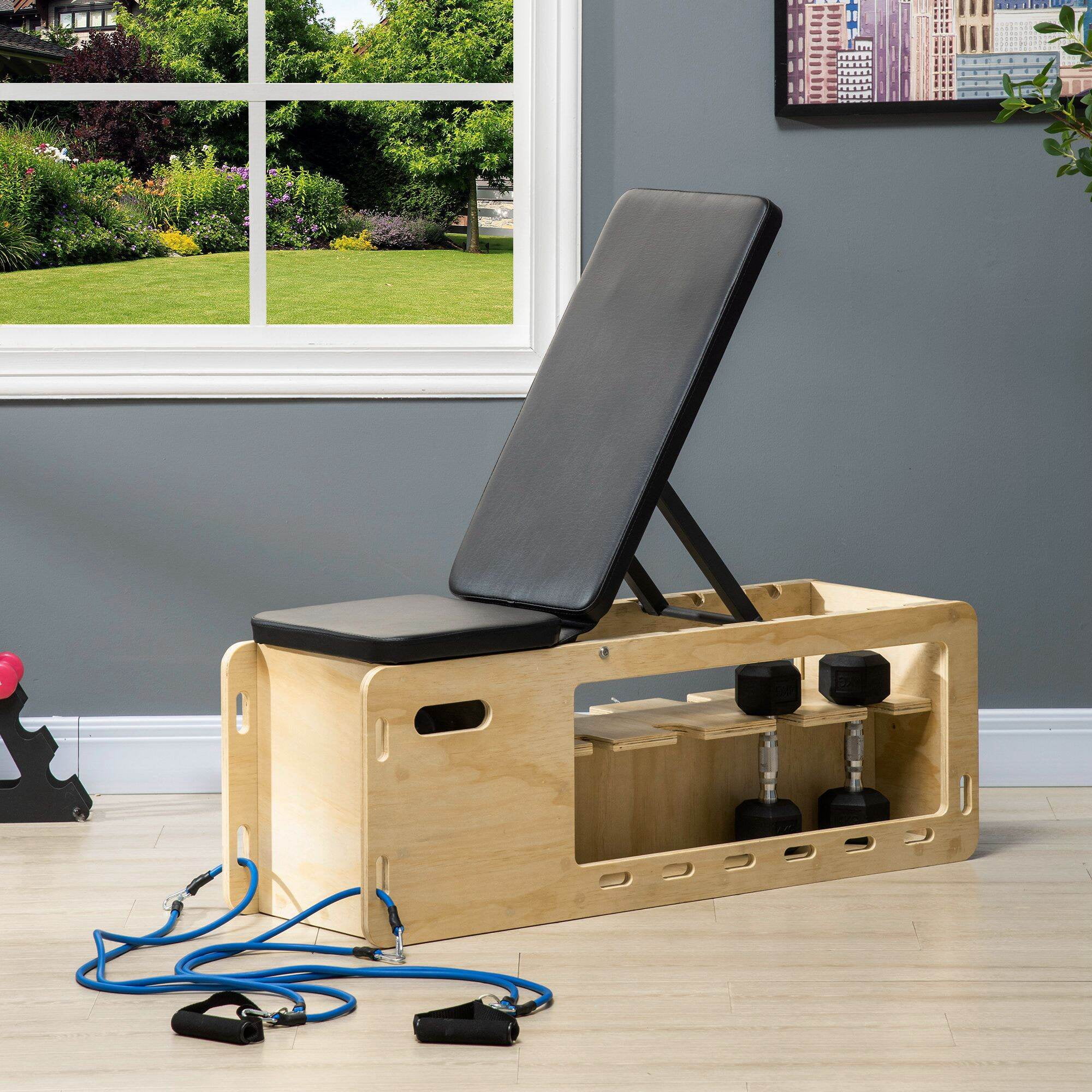 Adjustable Weight Bench with Storage Rack & Resistance Bands, Home Gym Workout Bench 43.3"L x 13.8"W x 42.3"H